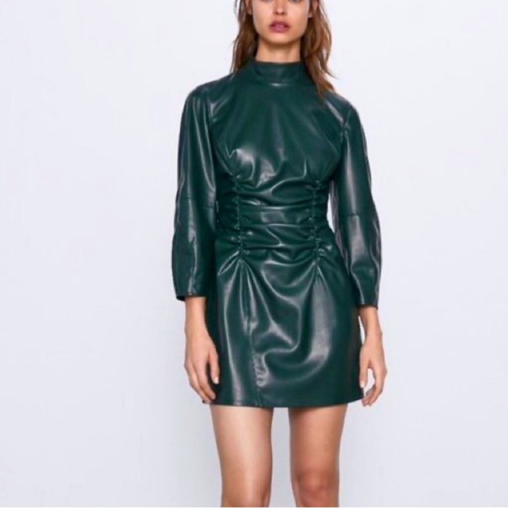 Forest Green Faux Leather Mini Dress by Zara